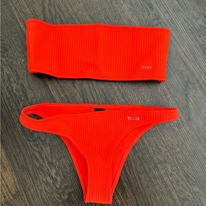 Orange triangl bandeau strapless swimsuit set ribbed small